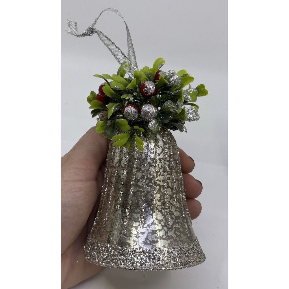 Vtg Style Christmas Ornament 5" Mercury Glass Bells Silver w/ Holly by Valerie